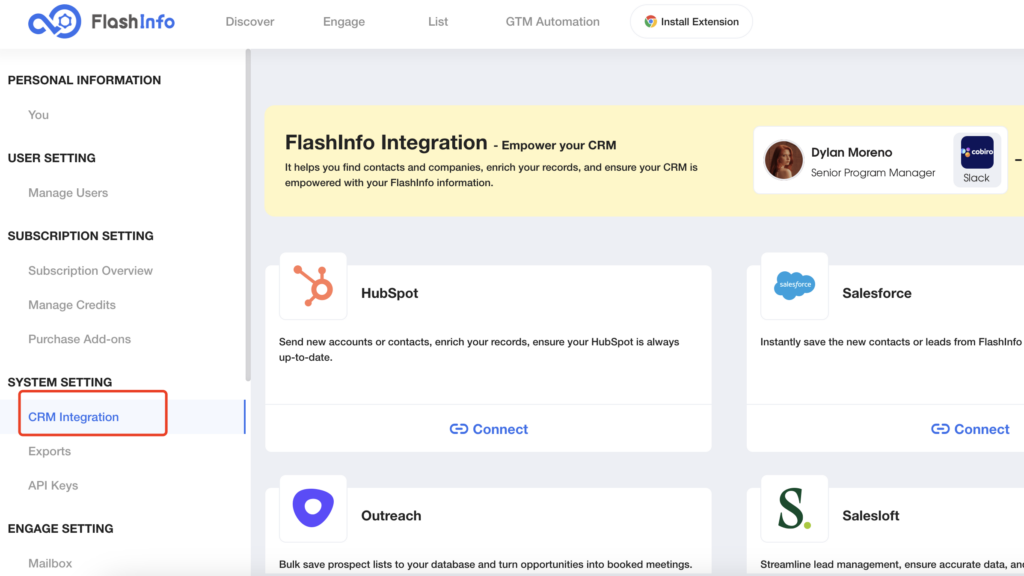 Page that shows CRM Integration tab