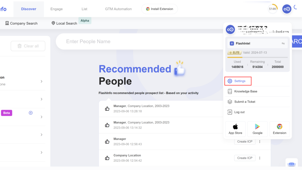 Page that shows Setting tab