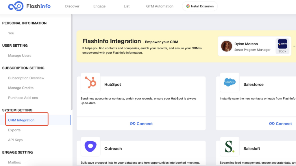Page that shows CRM Integration in System Setting